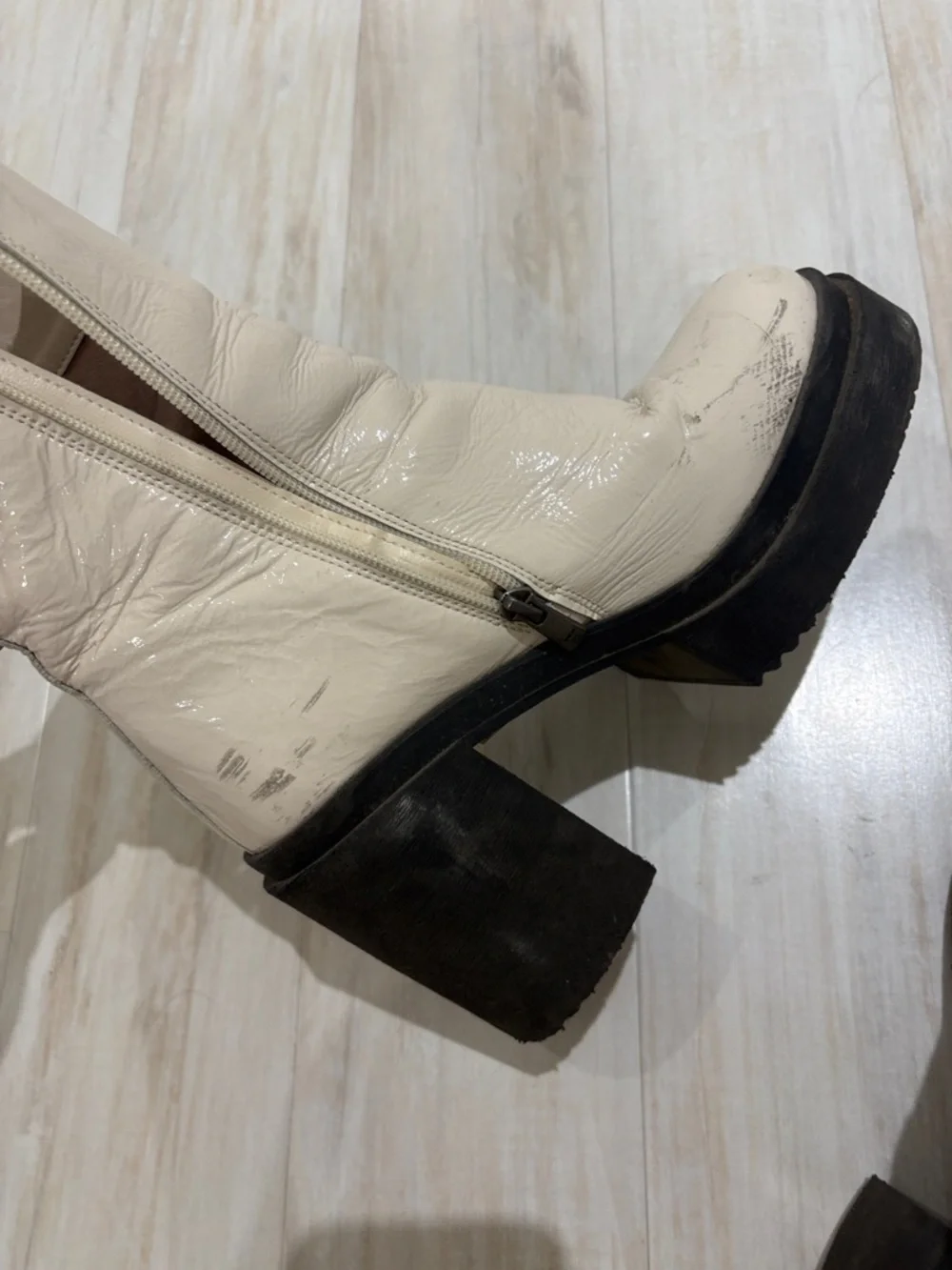 Steve Madden Cream Patent Platform Ankle Boots with Black Soles